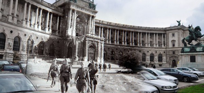 Комбинација на слики од Втората светска војна и сегашноста