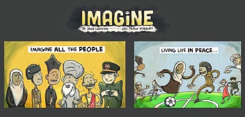 Култната песна „Imagine“ од Џон Ленон претставена преку забавни илустрации