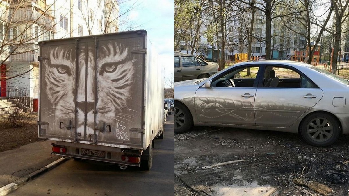 Илустратор црта уметнички дела на нечистите камиони и автомобили на улиците во Москва